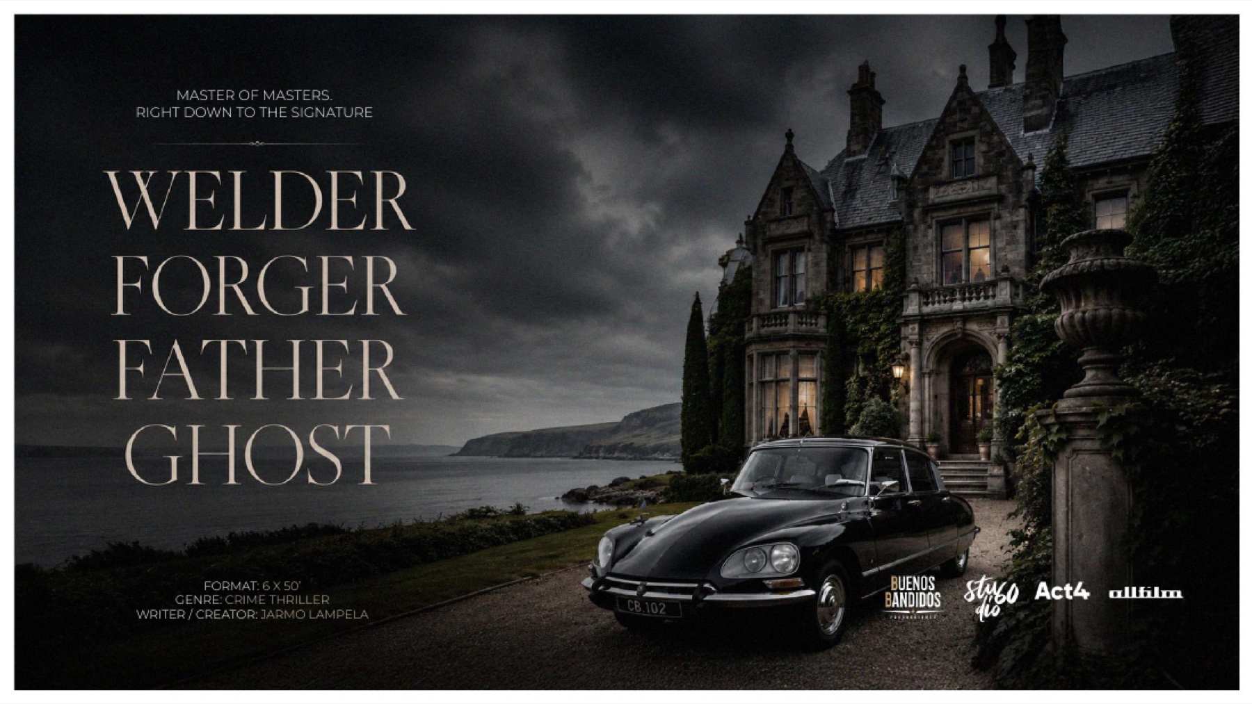 Welder Forger Father Ghost — key art: a black Citroën DS before a storm-lit Gothic manor above the Scottish sea.